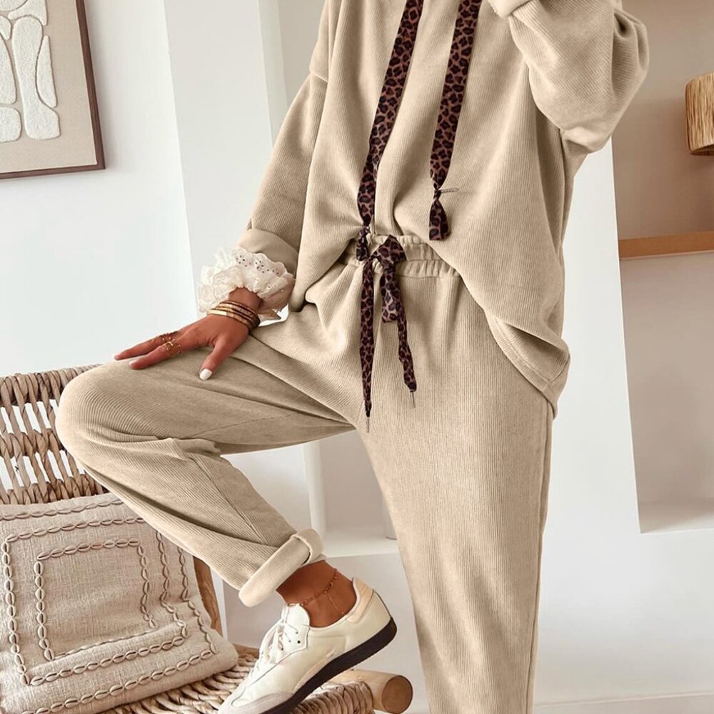 B348 Parchment Leopard Drawstring Pullover Hoodie and High Waist Pants Corduroy